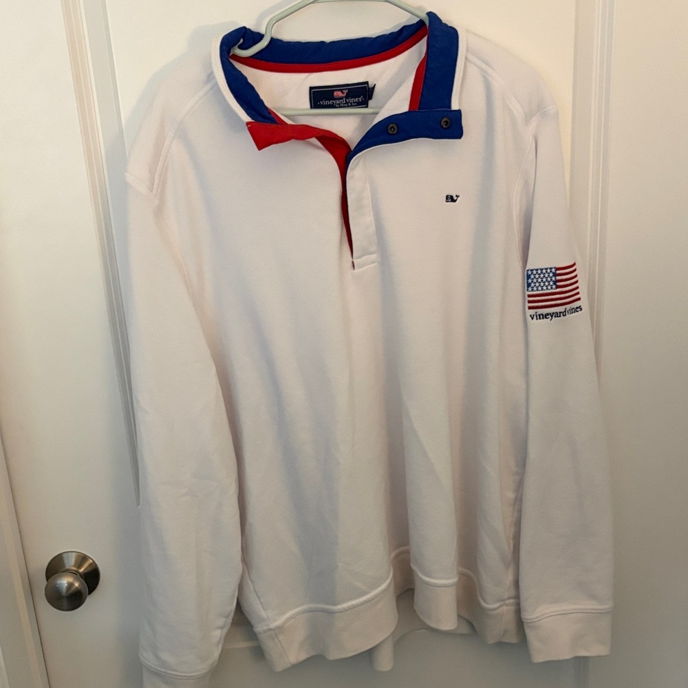 Vineyard Vines White Pullover with Blue Collar and Red Trim